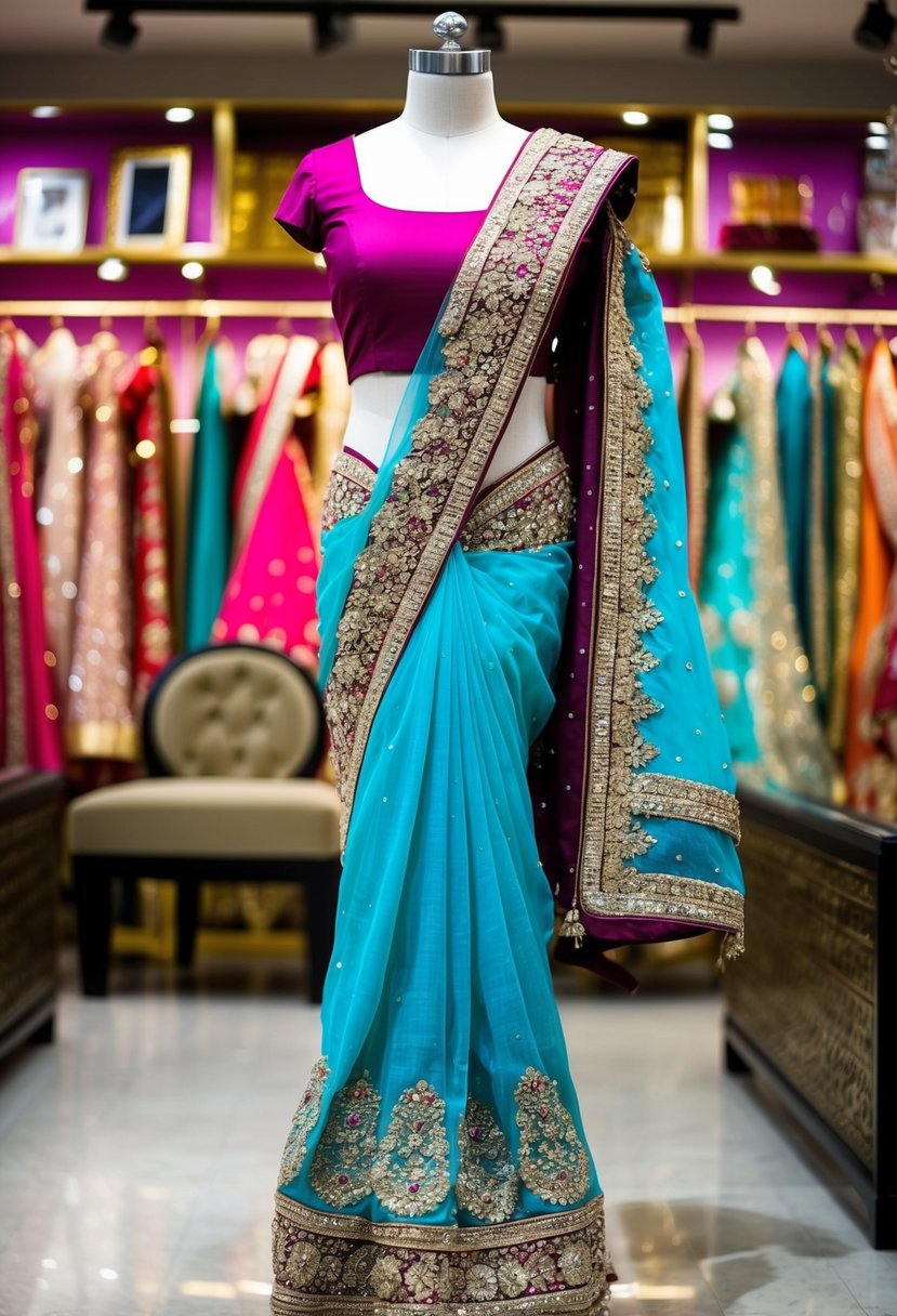 A traditional Indian saree draped over a mannequin, adorned with intricate embroidery and shimmering embellishments, displayed in a vibrant bridal boutique