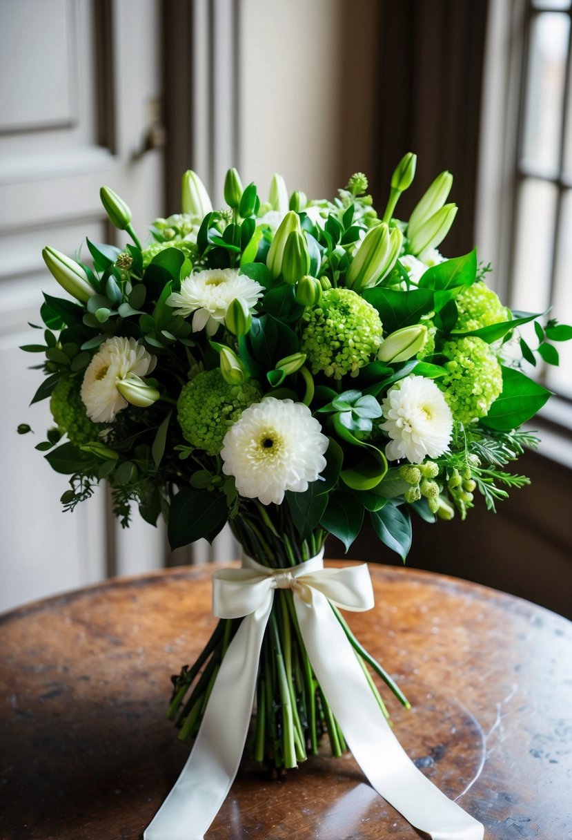 A lush bouquet of green and white flowers, tied with a satin ribbon, sits on a vintage wooden table