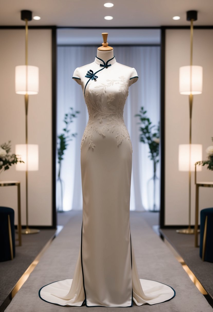 A modern fusion cheongsam gown displayed on a mannequin in a contemporary Asian wedding setting with minimalist decor and soft lighting