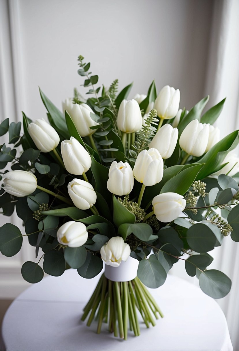 A lush bouquet of white tulips and eucalyptus leaves, elegantly arranged for a wedding