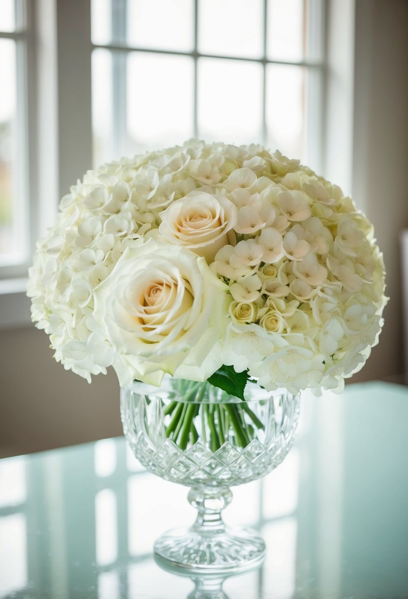 A pristine white hydrangea and rose bouquet sits in a crystal vase, illuminated by soft natural light