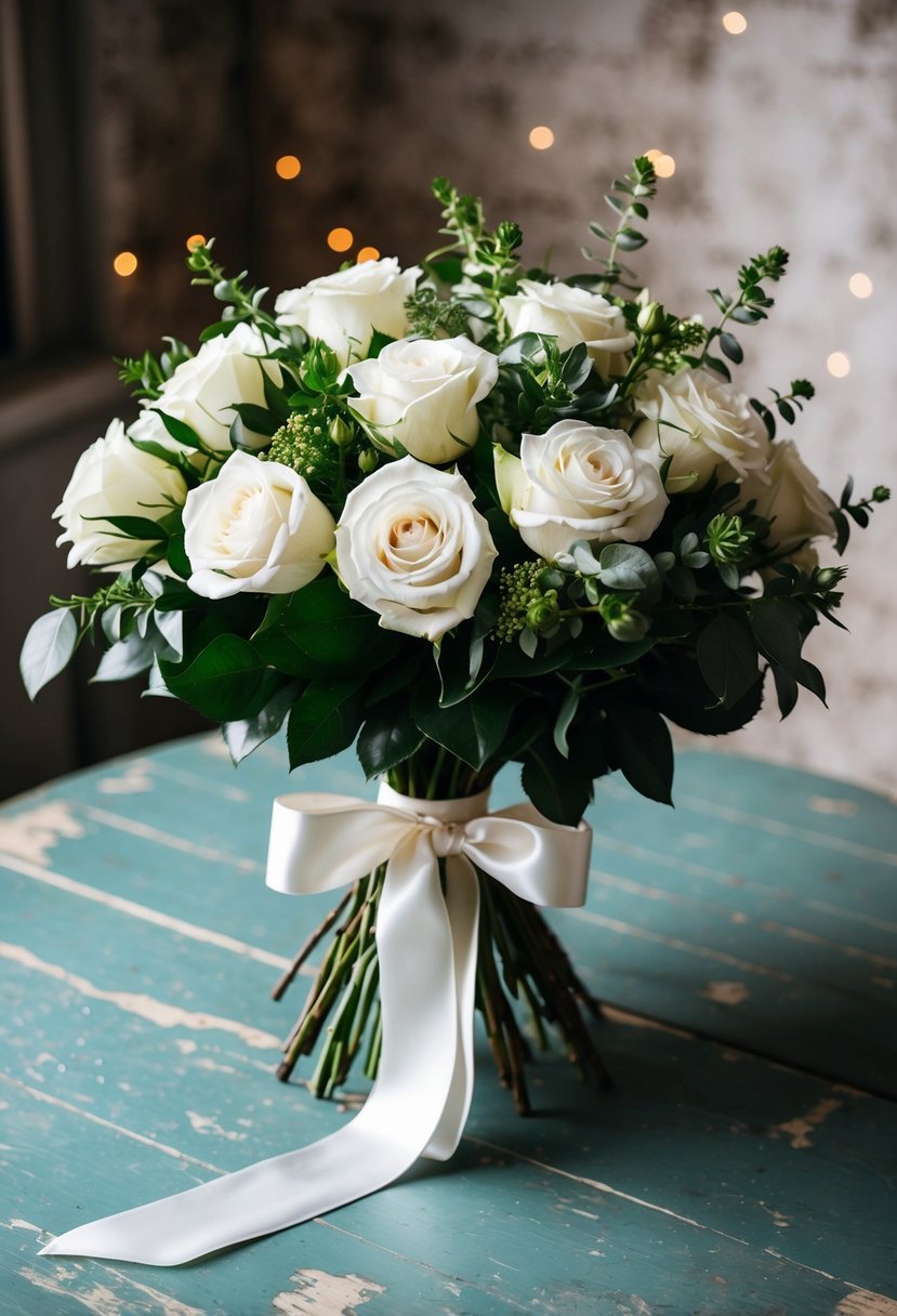 A lush bouquet of white roses and greenery, tied with a satin ribbon, rests on a weathered wooden table