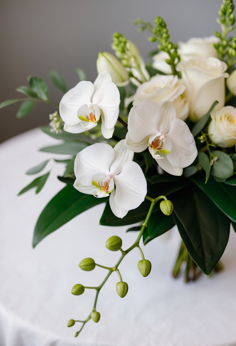 A single monochromatic orchid arrangement in a white wedding bouquet, with delicate petals and elegant green foliage