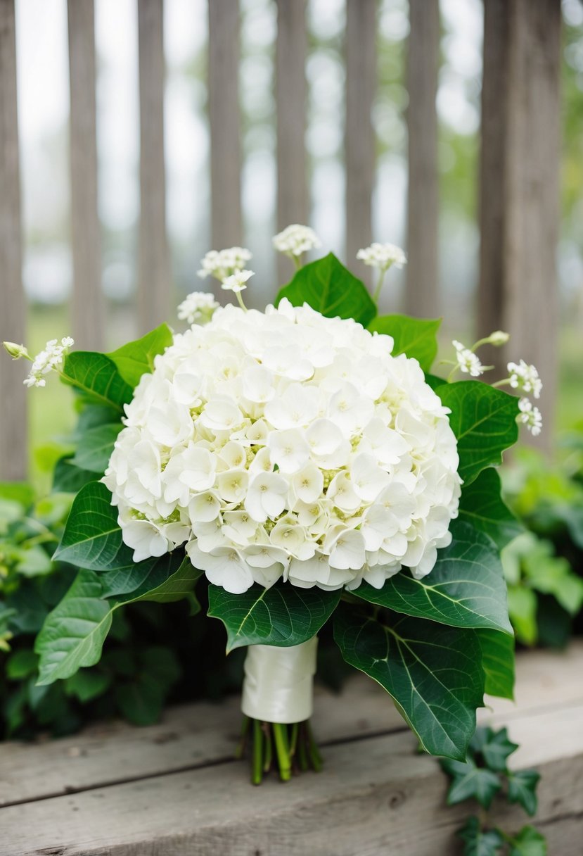 A chic white hydrangea bouquet wrapped in ivy, with delicate white flowers, perfect for a wedding