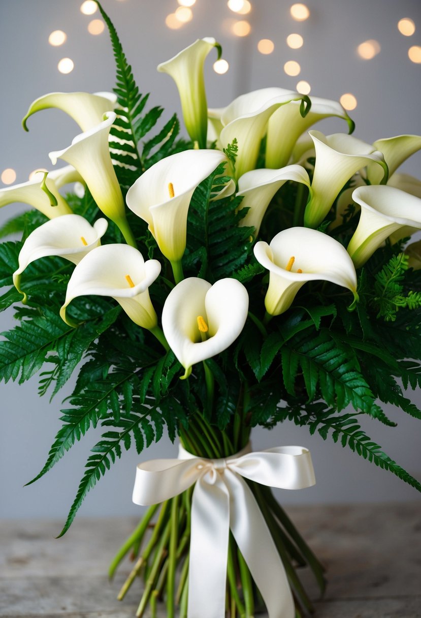 A lush bouquet of white calla lilies and green ferns, tied with a satin ribbon