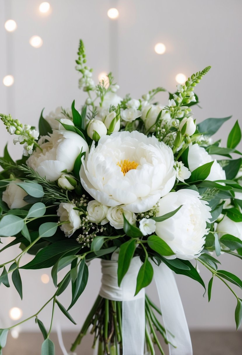 A delicate white peony and sweet pea wedding bouquet, arranged in an exquisite design with flowing greenery and delicate ribbon accents