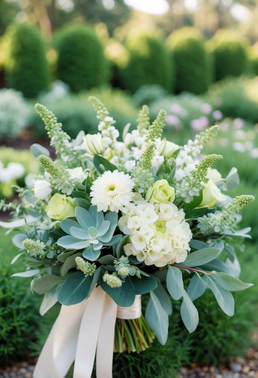 A garden filled with sage green and white flowers, arranged in a beautiful wedding bouquet