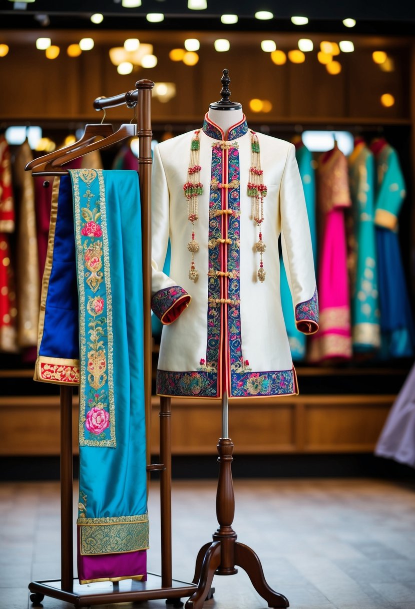 A traditional Asian wedding suit and dress displayed on a wooden stand, adorned with intricate embroidery and vibrant colors