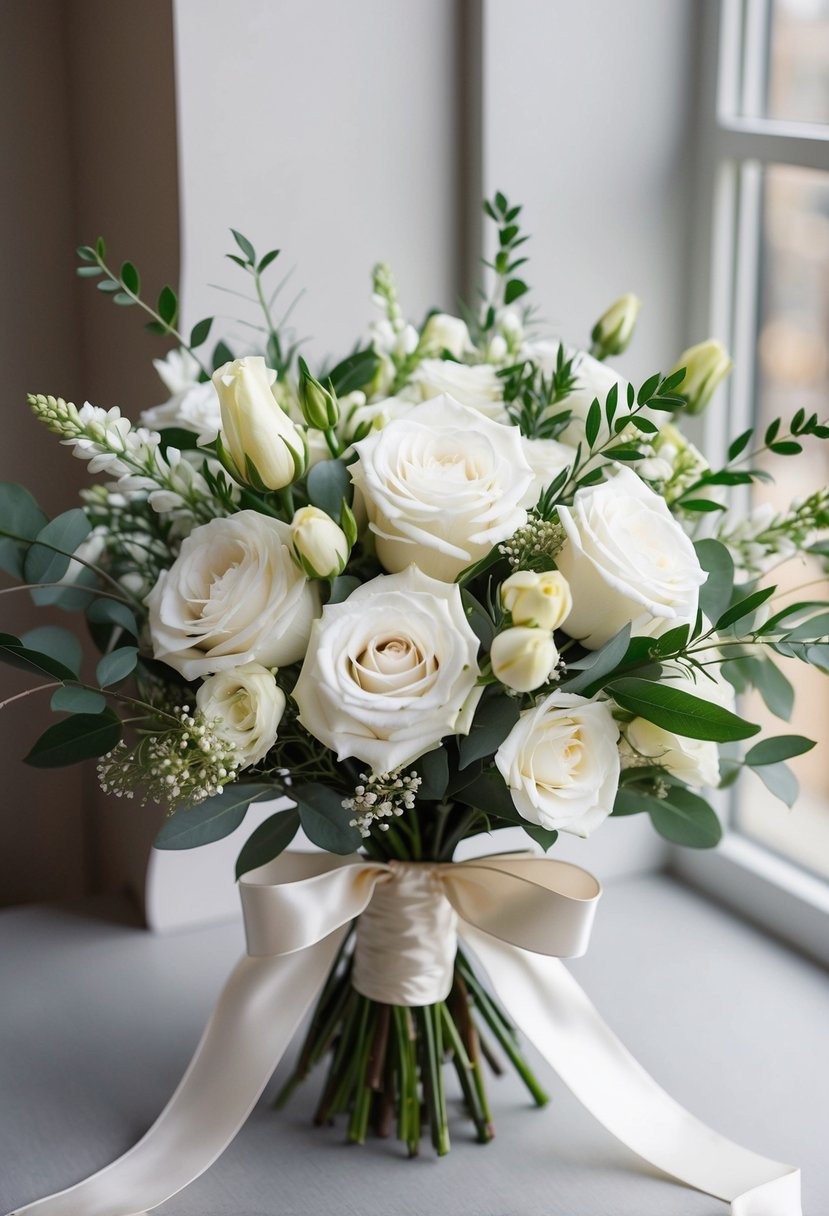 A white wedding bouquet featuring classic roses and stephanotis, arranged in a delicate mix with greenery and tied with a satin ribbon