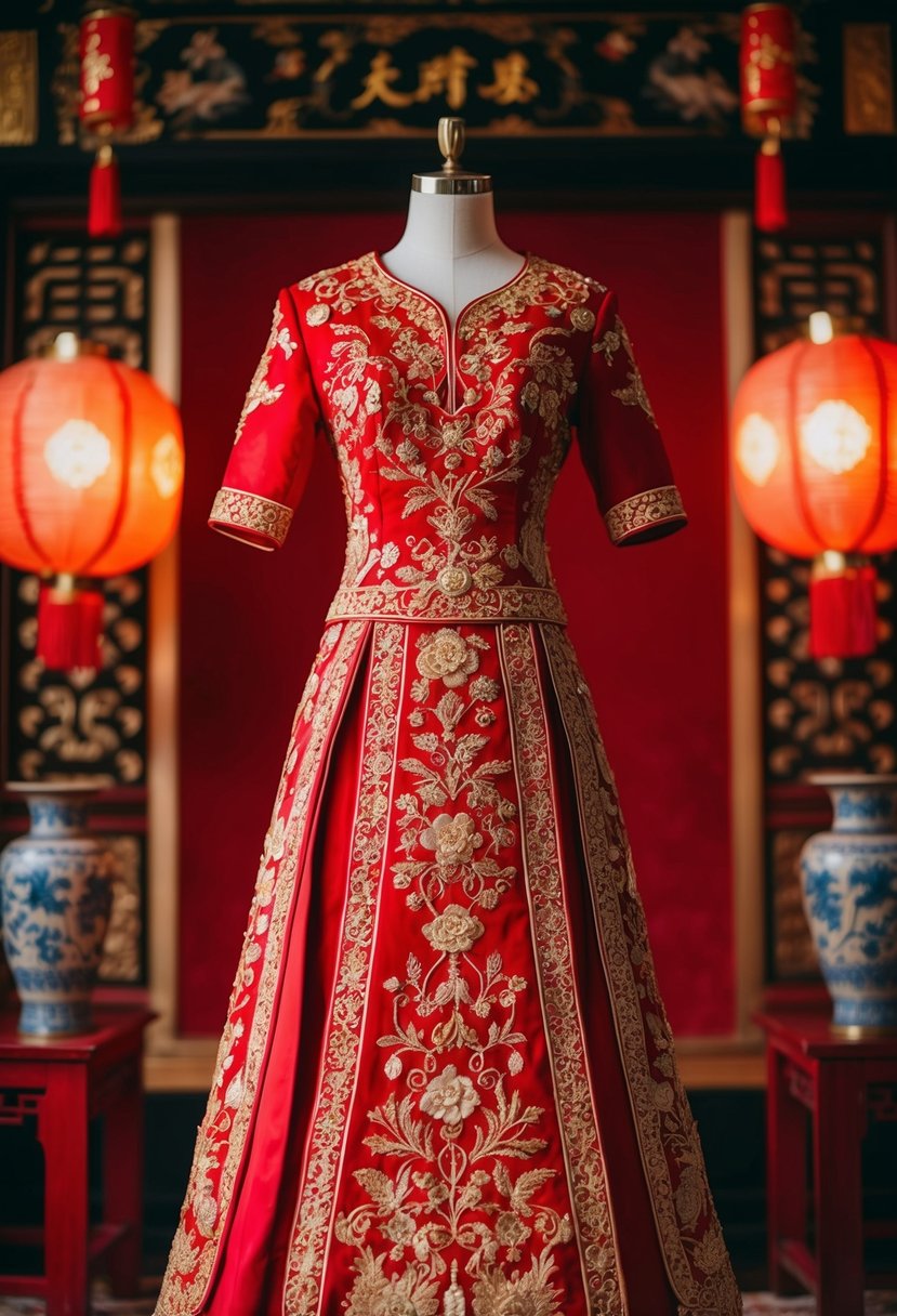 A red Chinese wedding dress adorned with intricate gold embroidery, set against a backdrop of traditional Chinese decor