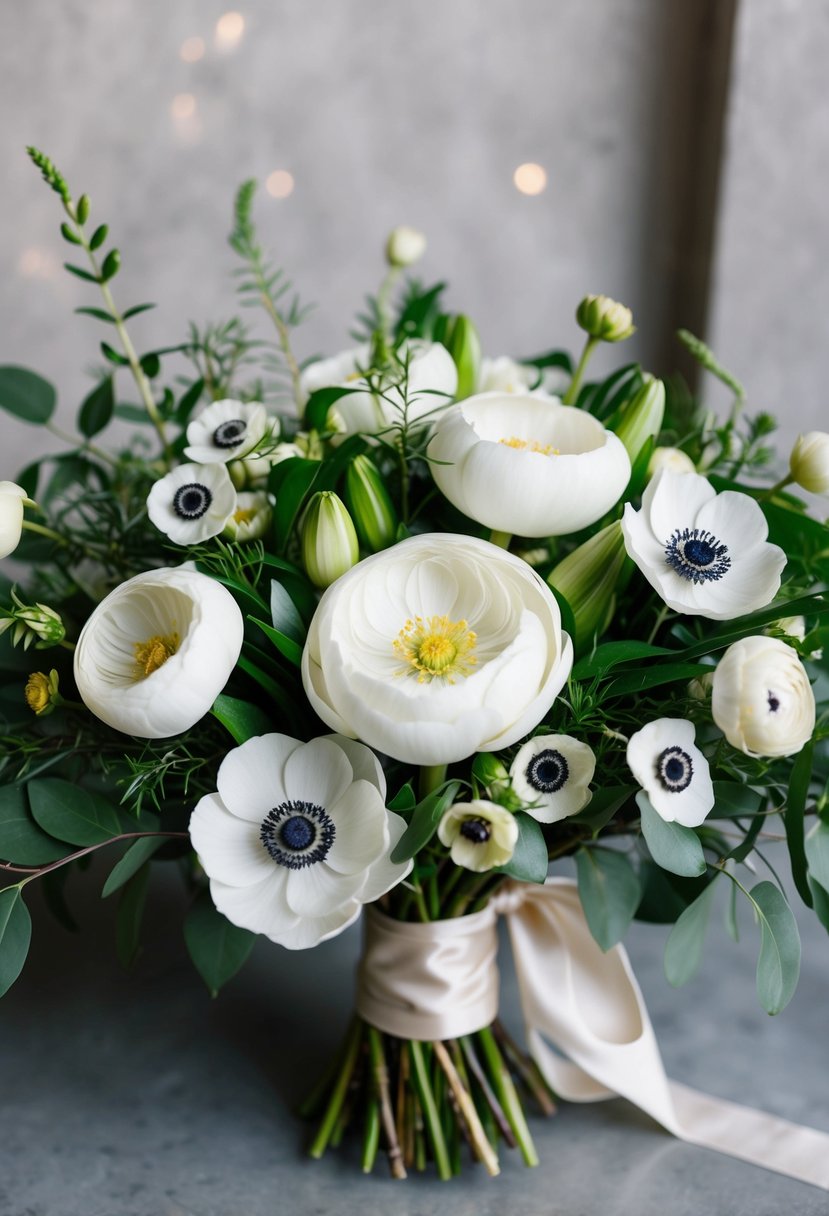 A modern bouquet featuring white ranunculus and anemones, accented with greenery and tied with a silk ribbon