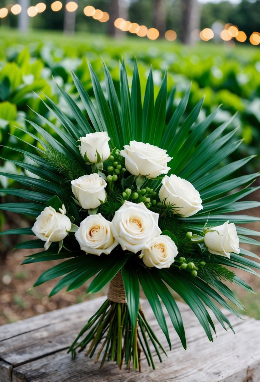 A lush bouquet of green palmetto leaves and white roses, inspired by the vineyard, arranged in a rustic, natural style