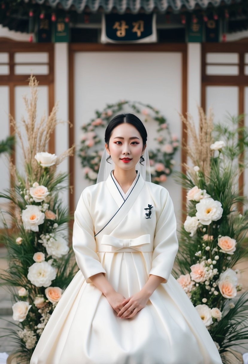 A serene bride in a simple, elegant Korean-style wedding dress, surrounded by traditional Korean floral and nature motifs