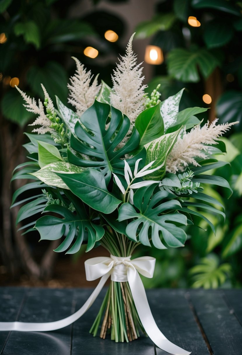 A lush bouquet of Dusty Miller and Monstera Leaves in shades of green and white, tied with a satin ribbon