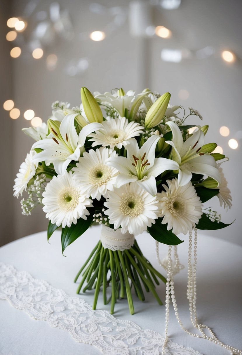 A bouquet of lilies and daisies in a vintage-inspired white wedding theme, with delicate lace and pearl accents