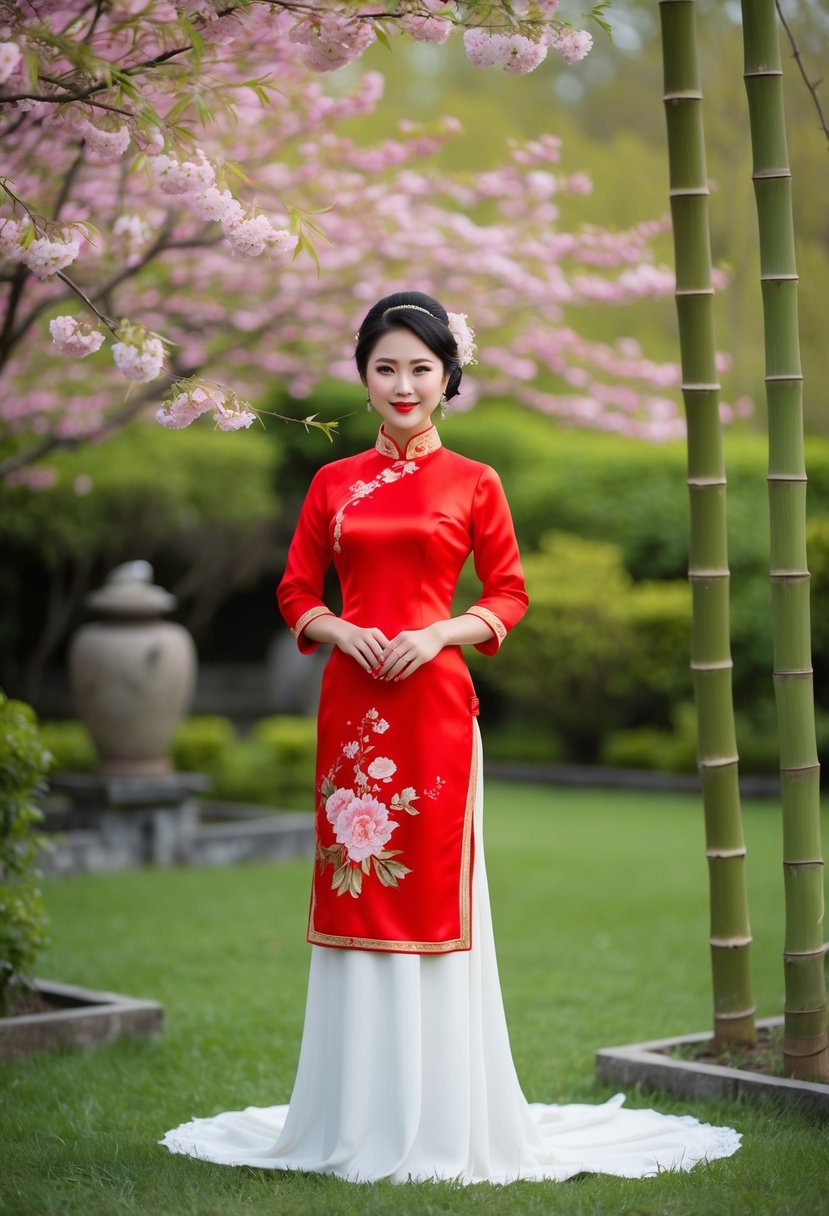 A bride in a traditional red Ao Dai stands in a serene garden, surrounded by blooming cherry blossoms and bamboo trees