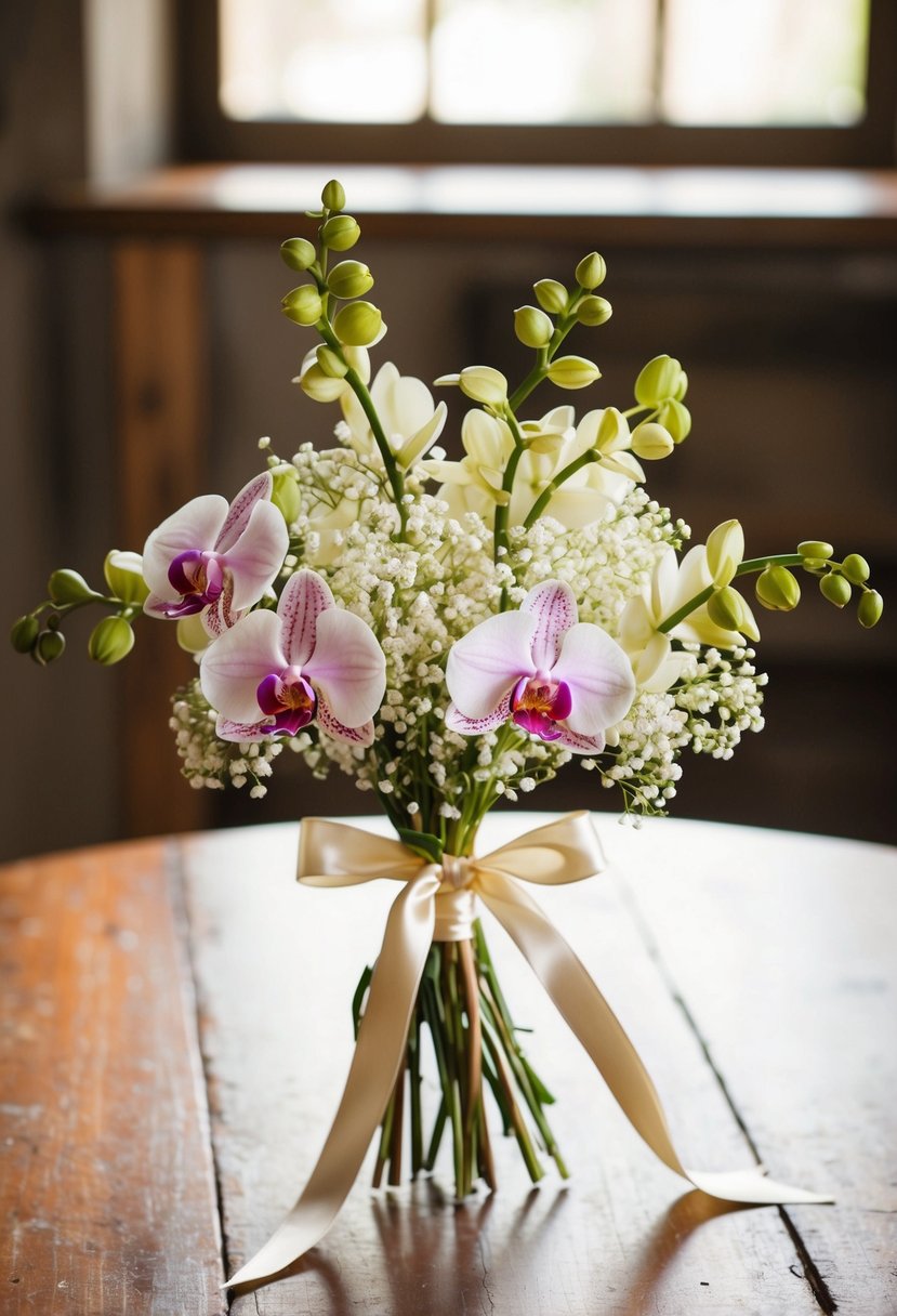 A delicate bouquet of whimsical orchids and baby's breath, tied with a satin ribbon, rests on a rustic wooden table