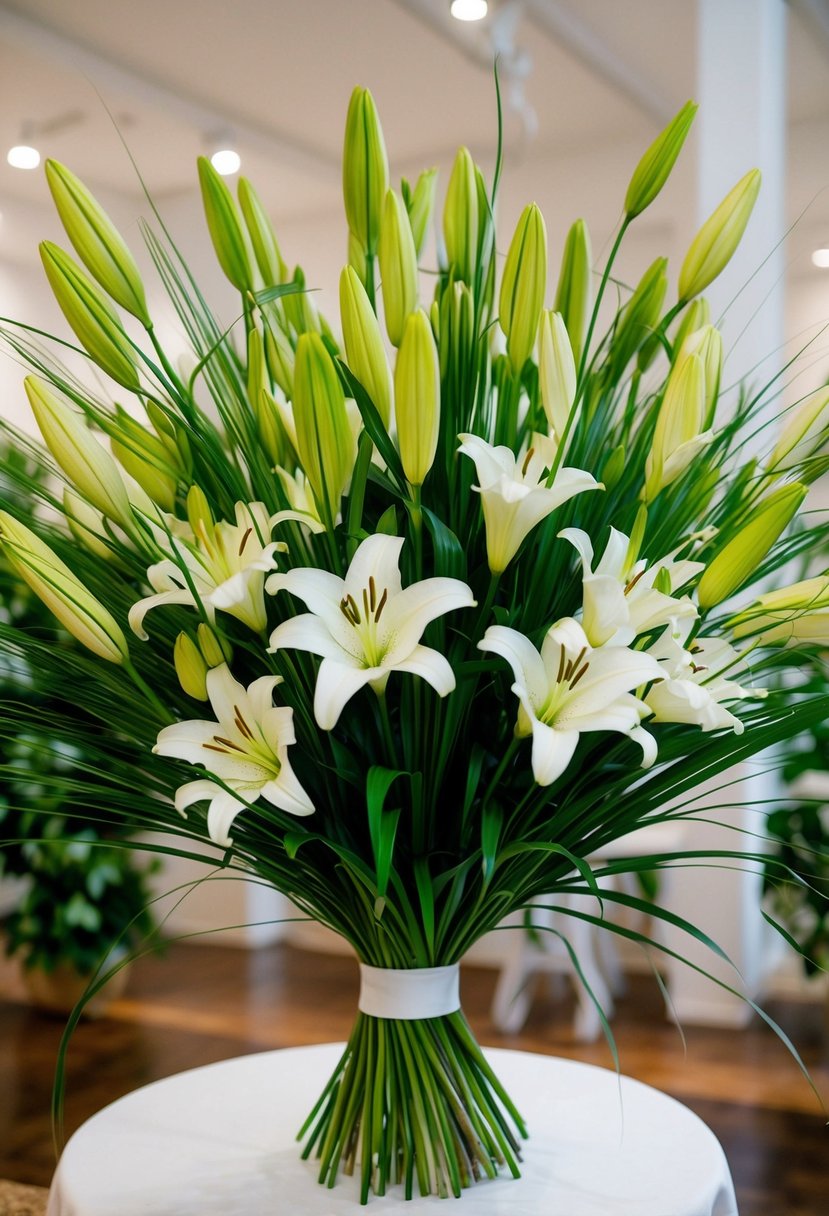 A lush bouquet of Charleston Green grasses and delicate white lilies, arranged in a stunning display of natural beauty