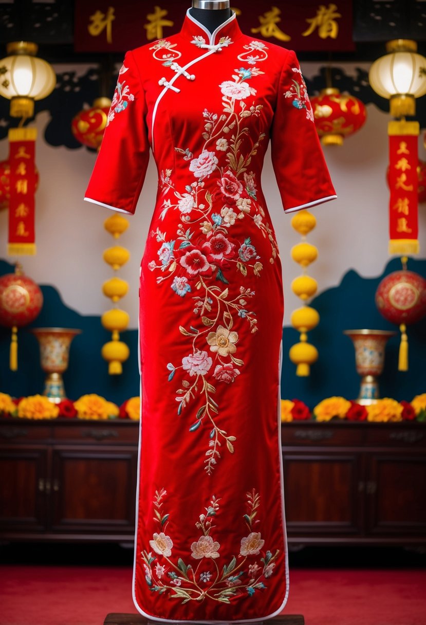 A red qipao with intricate floral embroidery, set against a backdrop of traditional Chinese wedding decorations