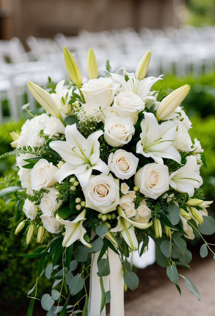 An elegant white wedding bouquet, inspired by a garden, featuring roses, lilies, and greenery, arranged in a cascading style