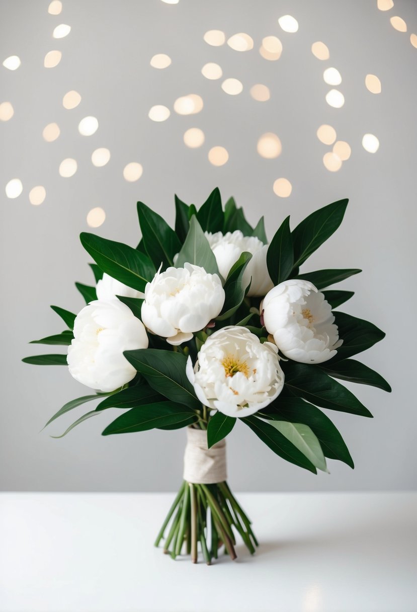 A simple bouquet of white peonies and green bay leaves arranged in a minimalist style