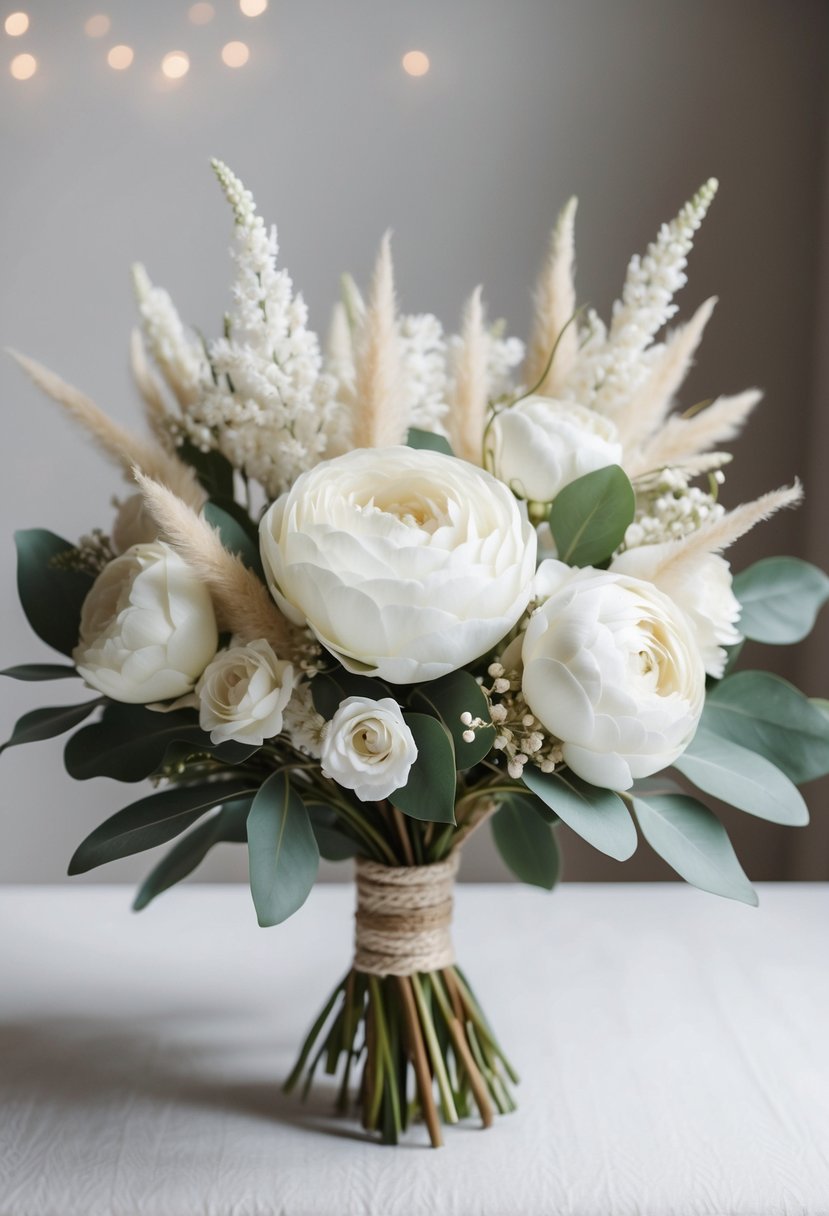 A delicate white silk flower bouquet with bohemian accents