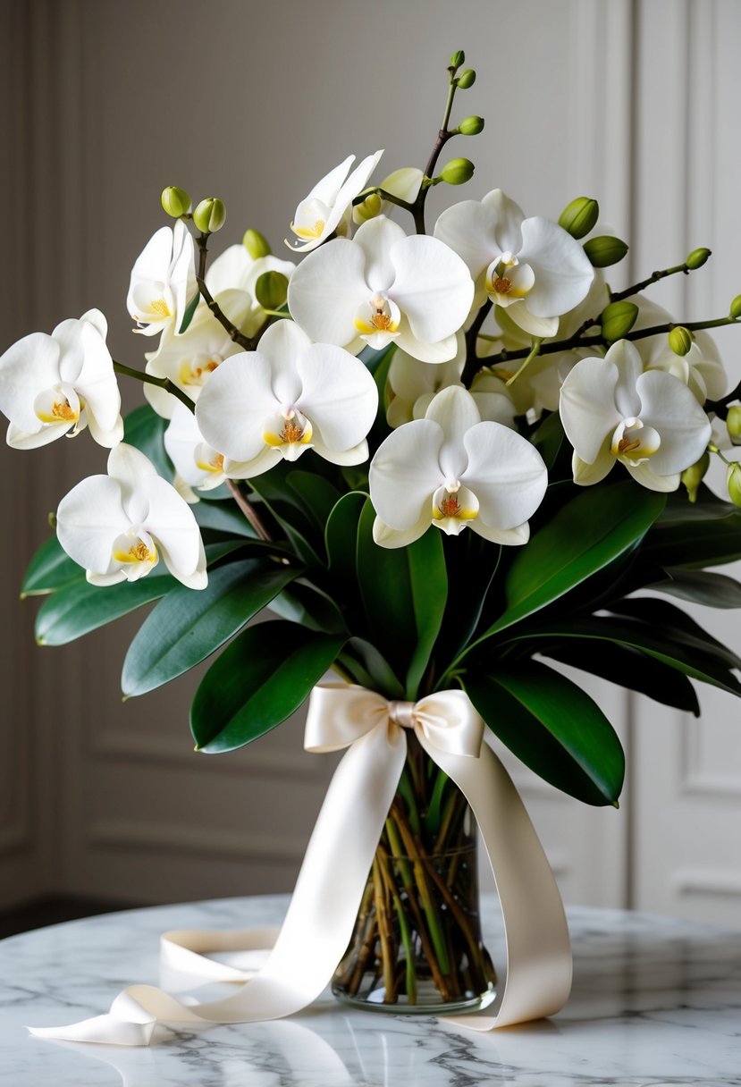 A lush bouquet of white orchids and magnolia leaves, tied with a satin ribbon, sits on a marble table