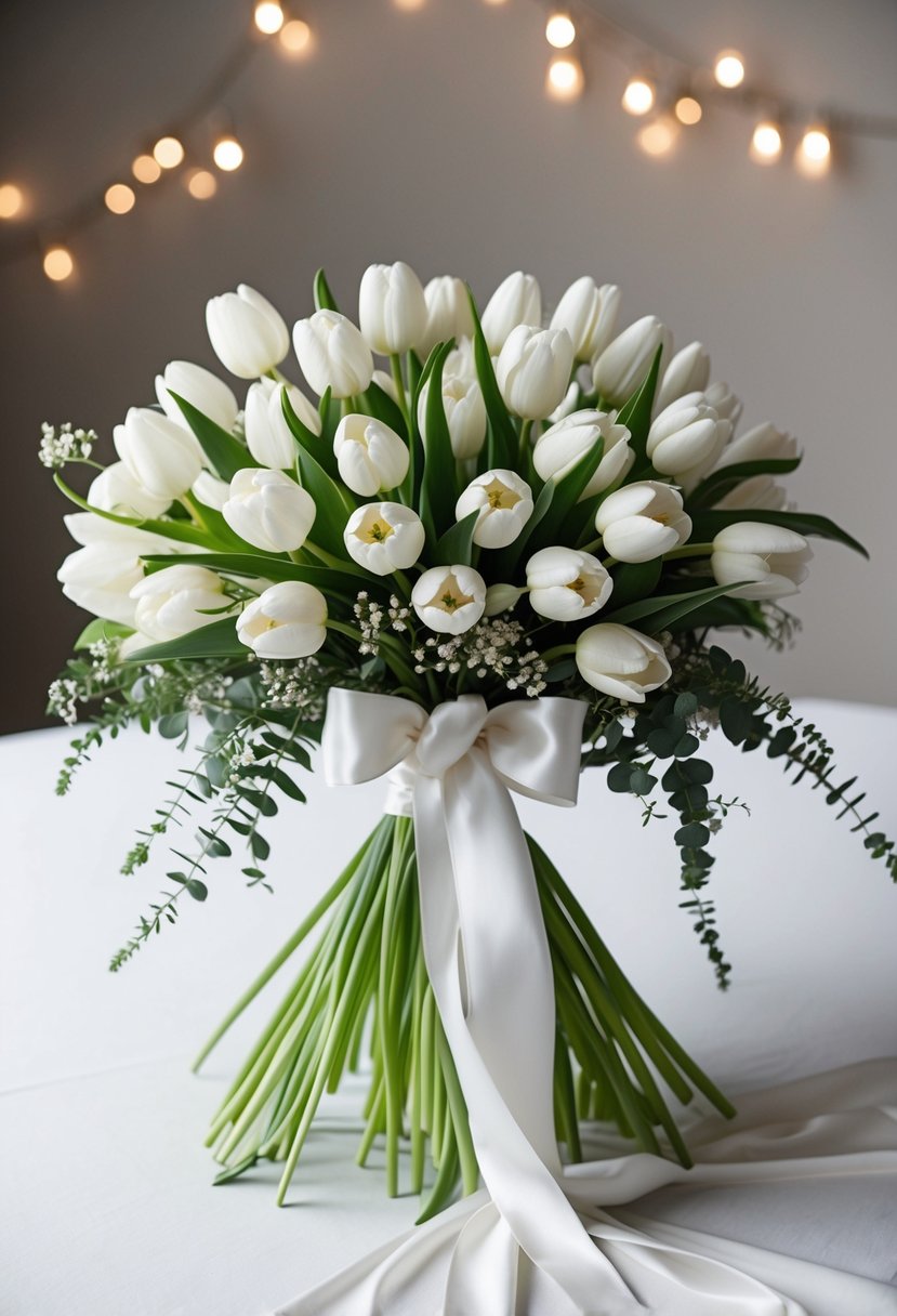 A stunning arrangement of white tulips in a cascading bridal bouquet, accented with delicate greenery and tied with a flowing white ribbon