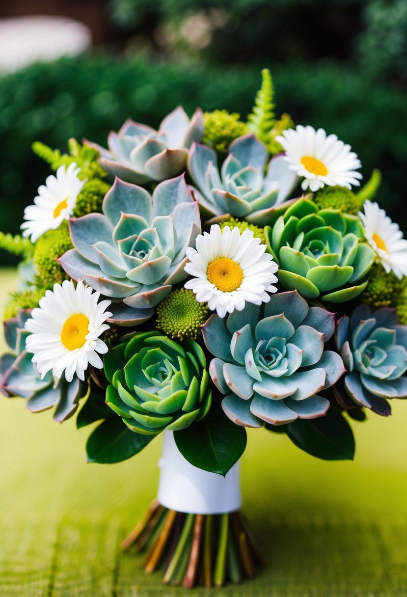 A lush bouquet of vibrant succulents and white daisies, arranged in a green and white wedding theme