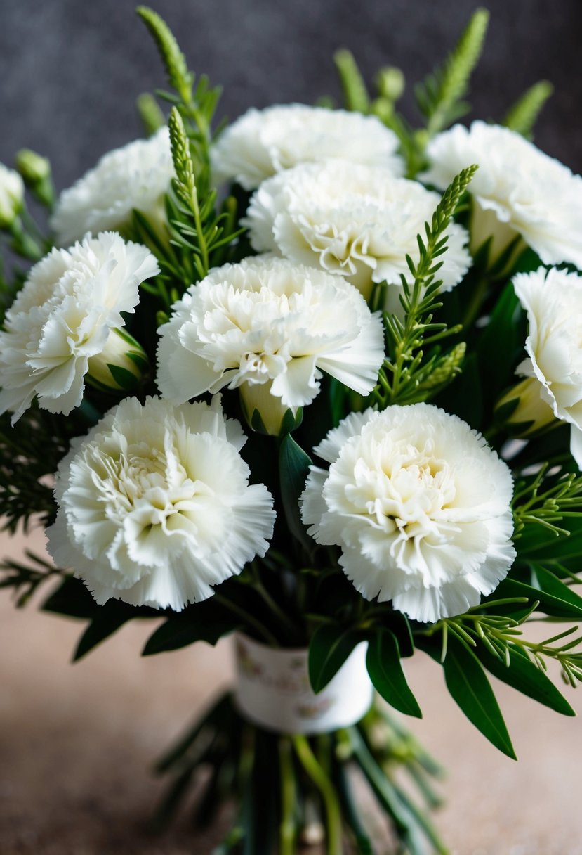 A bouquet of vintage white carnations and green sprigs arranged in a delicate and elegant wedding bouquet