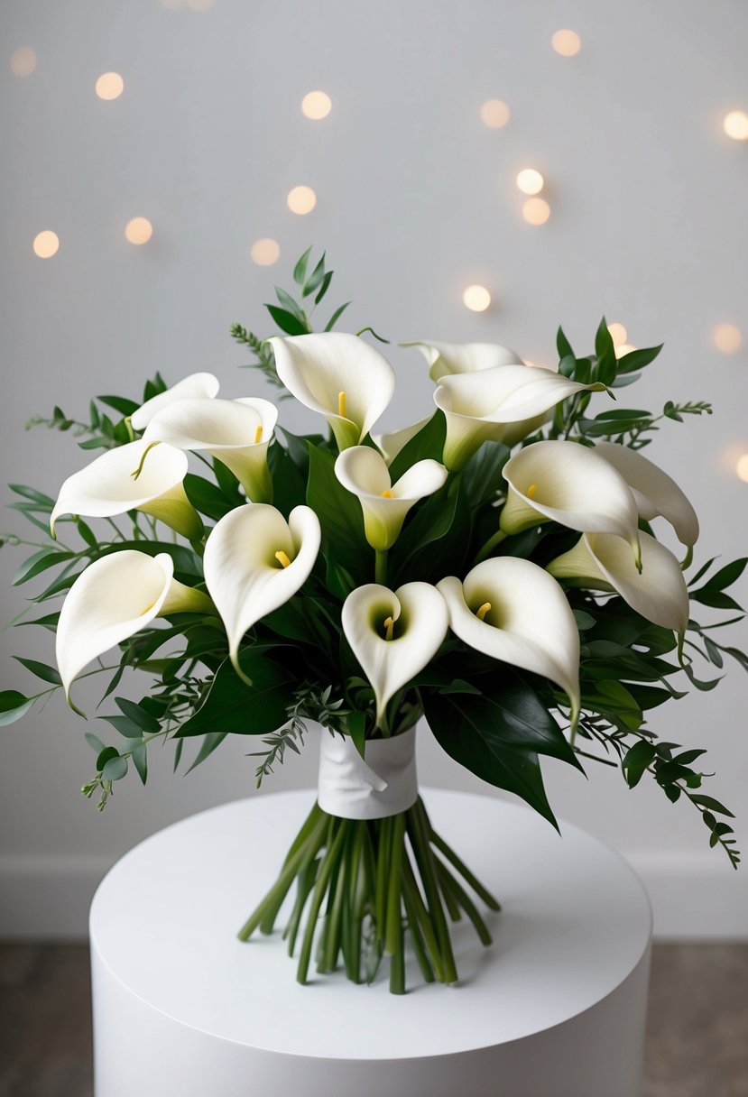 A chic white calla lily wedding bouquet arranged in a modern, minimalist style with elegant greenery accents