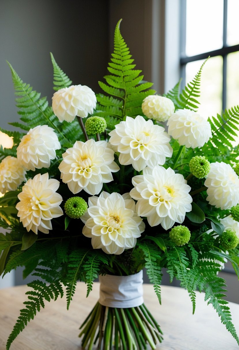 A bouquet of modern white dahlias and green ferns arranged in a stylish and elegant manner