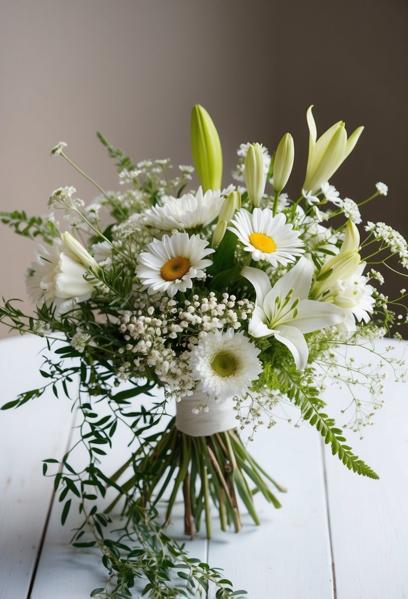 A delicate bouquet of white wildflowers, including daisies, baby's breath, and lilies, arranged in a loose, organic style with trailing greenery