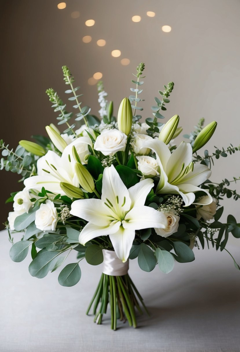 A bouquet of fresh white lilies and sage green foliage arranged in a delicate and elegant wedding bouquet