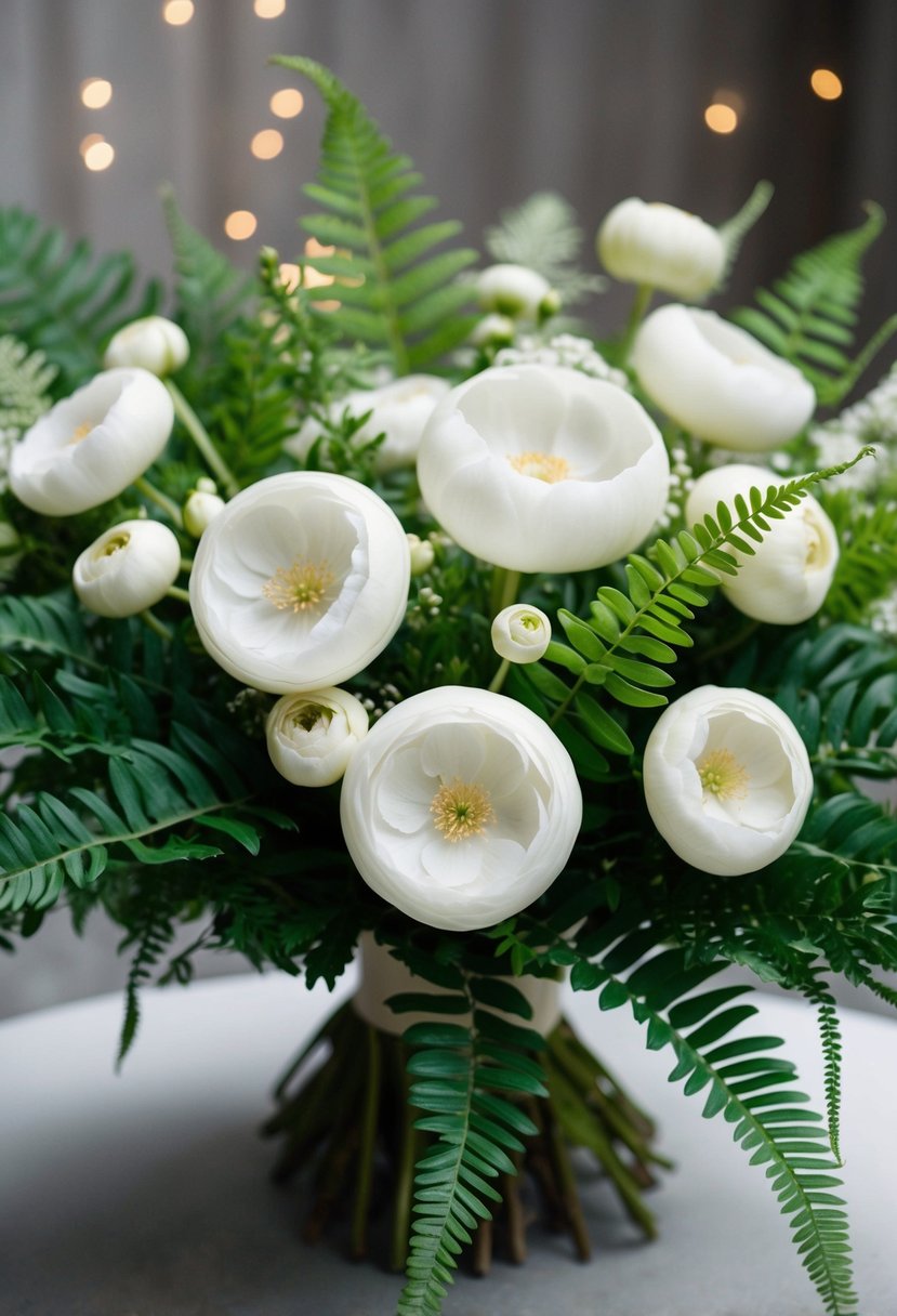 A delicate bouquet of white ranunculus and green ferns, arranged in an ethereal and romantic style