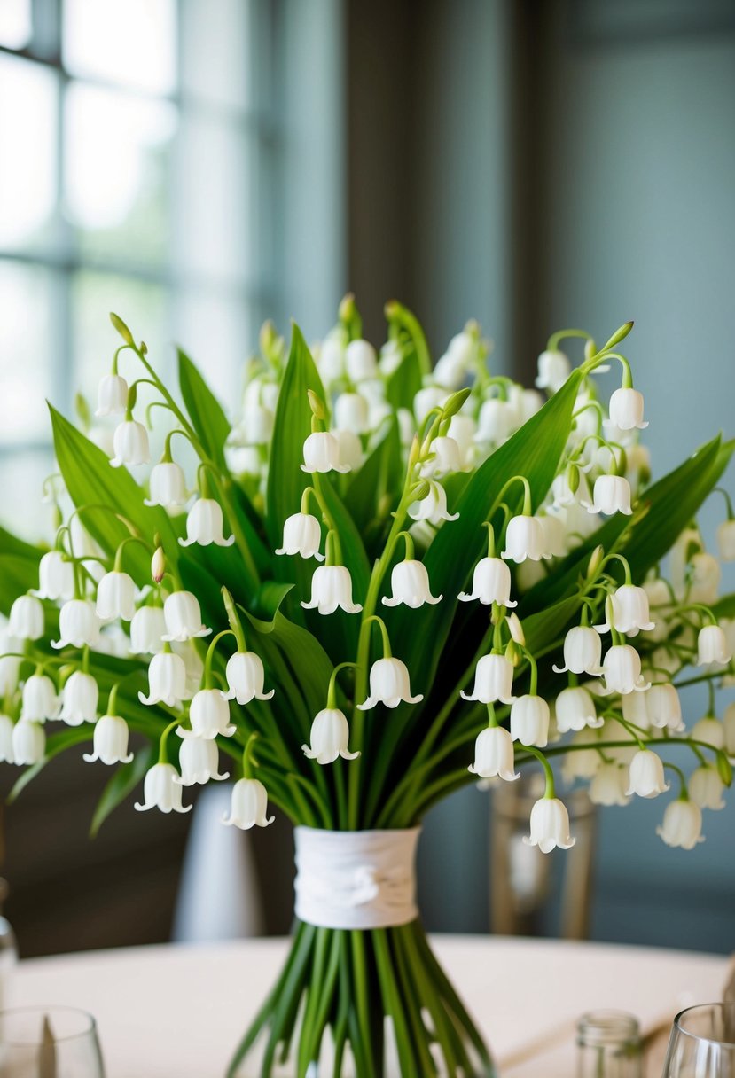 A delicate bouquet of white lilies of the valley arranged in a timeless and elegant wedding set