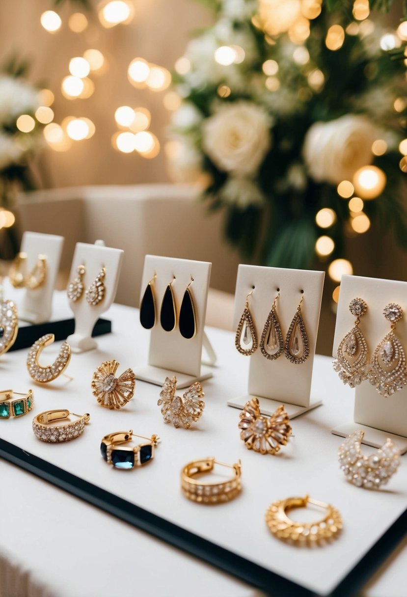 A table displaying various elegant wedding earring designs