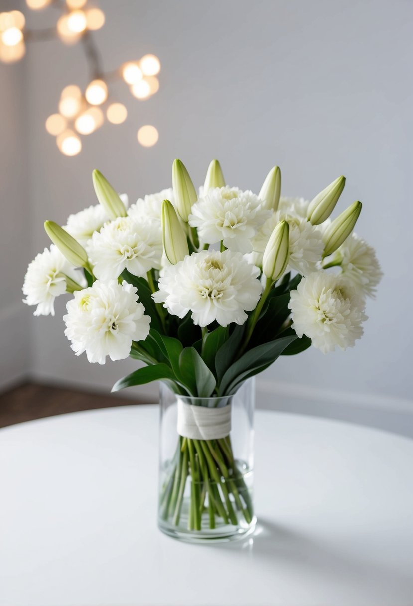 A simple, elegant bouquet of white lisianthus arranged in a clean, modern style