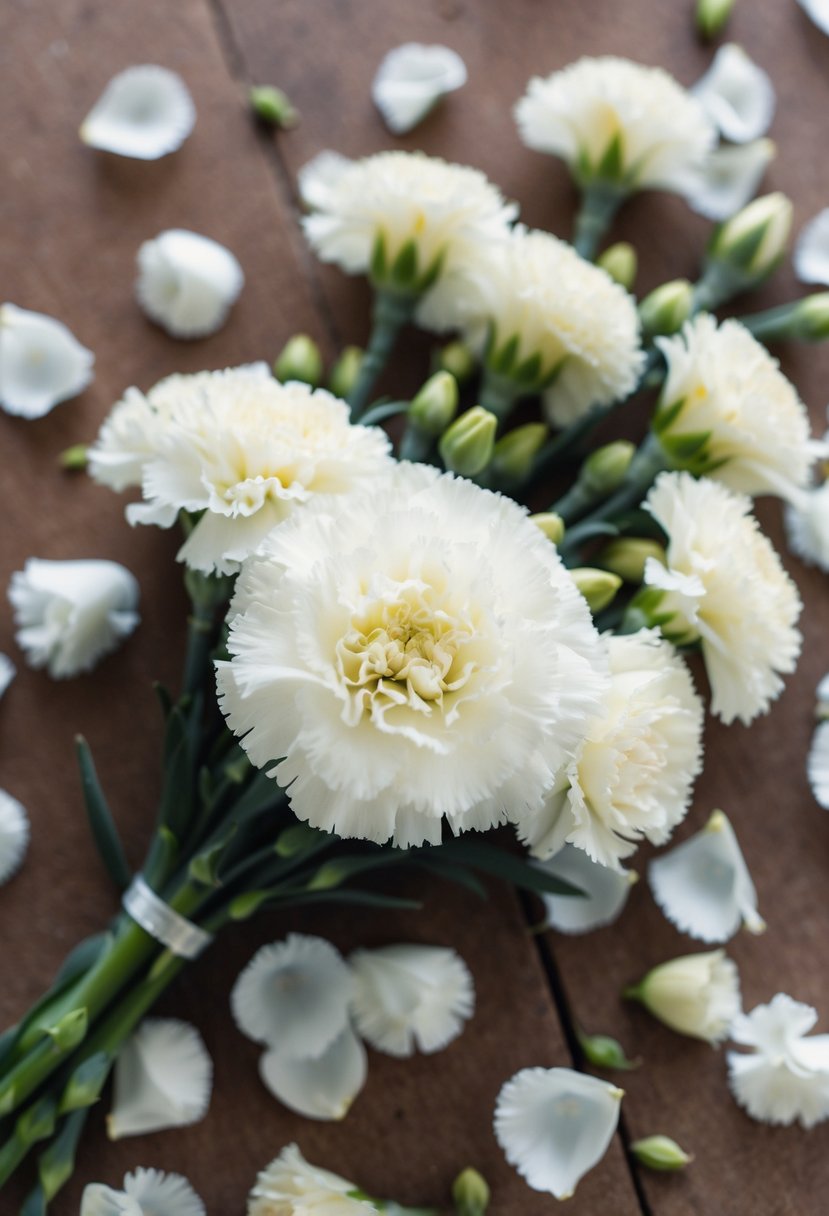 A delicate white carnation bouquet surrounded by scattered petals