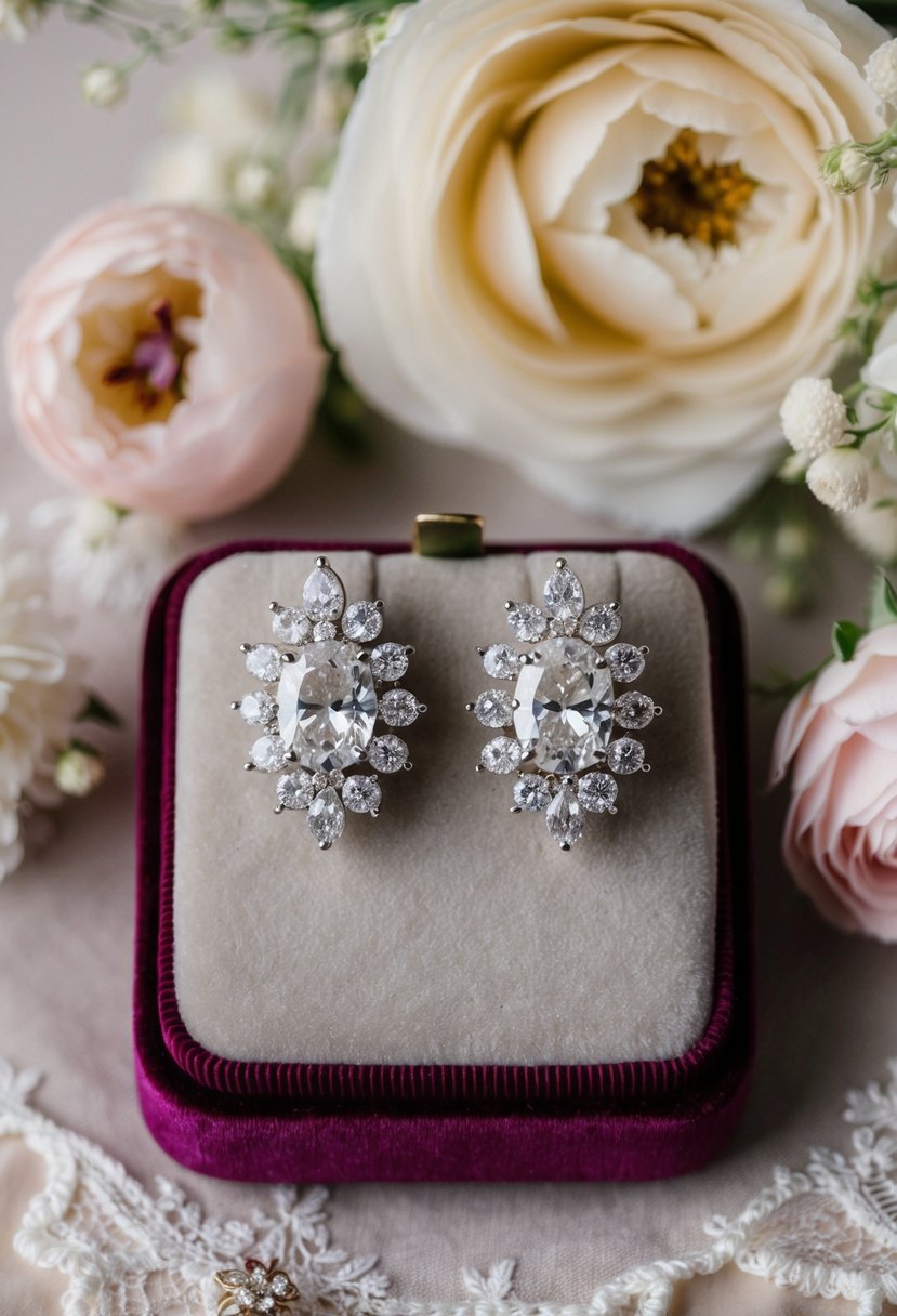 A sparkling pair of Vicki CZ bridal clip-on earrings displayed on a luxurious velvet cushion, surrounded by delicate lace and floral accents