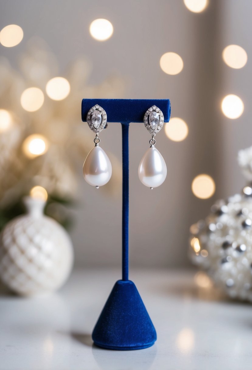 A pair of Pearl Drop CZ Clip-On Earrings displayed on a velvet jewelry stand, surrounded by soft lighting and elegant decor