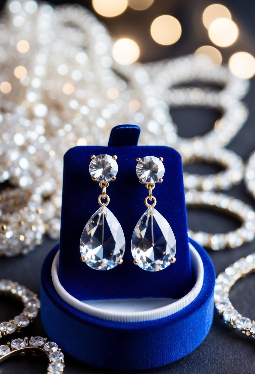 A pair of crystal teardrop clip-on earrings displayed on a velvet cushion surrounded by sparkling jewelry