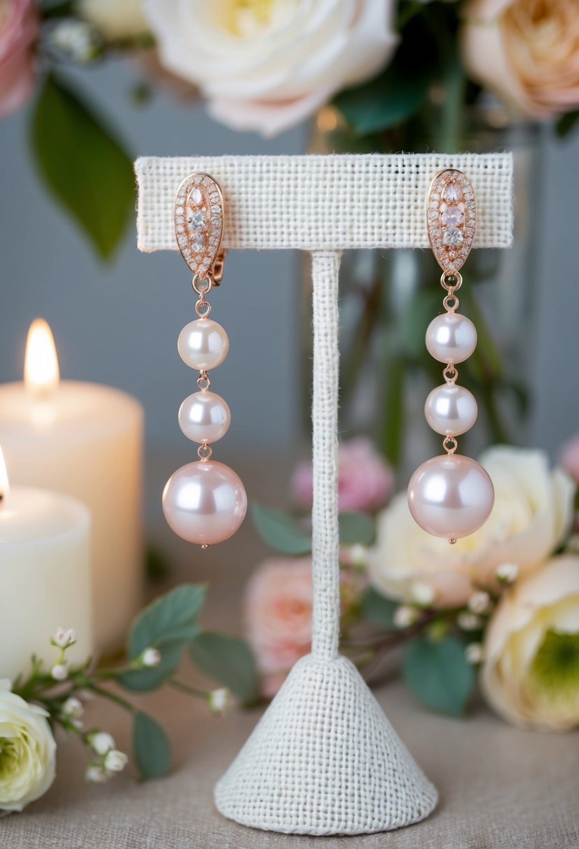 Rose Gold Pearl Clip-Ons dangle from a lace-covered jewelry stand, surrounded by delicate floral arrangements and soft candlelight