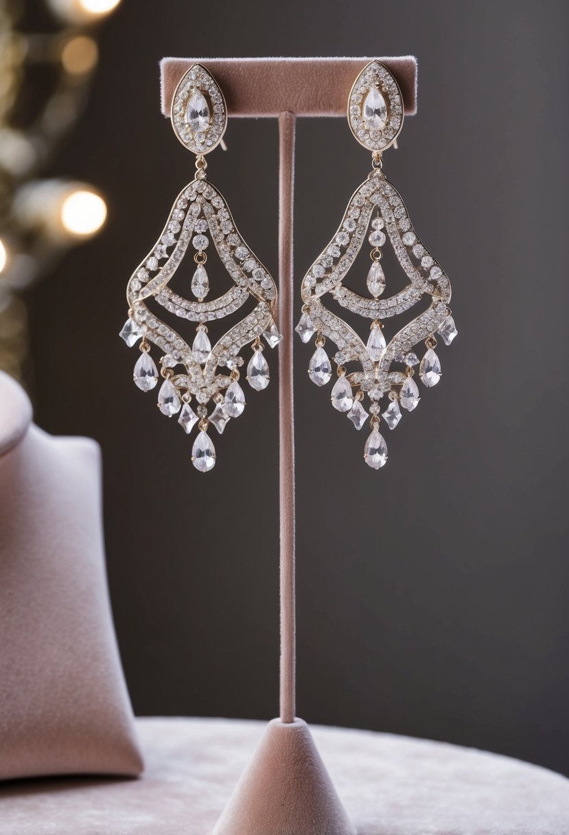 A pair of chandelier clip-on earrings displayed on a velvet jewelry stand, with soft lighting highlighting their intricate design and shimmering crystals