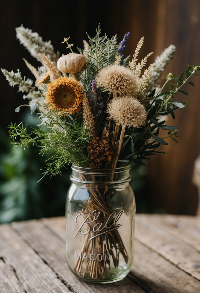 A rustic wedding bouquet of dried wildflowers and herbs nestled in a vintage mason jar