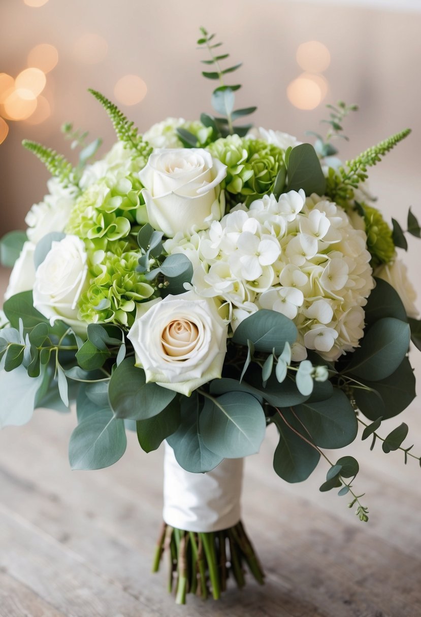 A white and green wedding bouquet with roses, hydrangeas, and eucalyptus, arranged in a cascading style