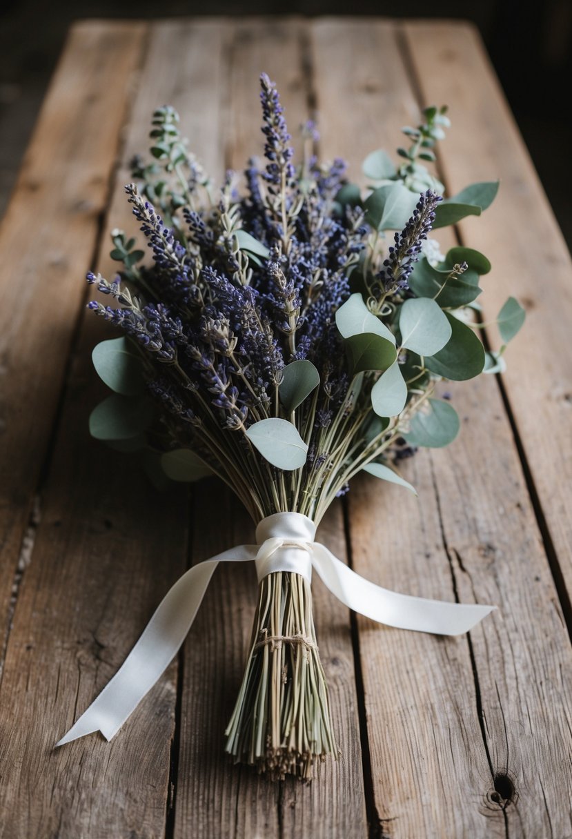 A rustic wooden table adorned with a delicate wedding bouquet of dried lavender and eucalyptus mix, tied with a simple ribbon