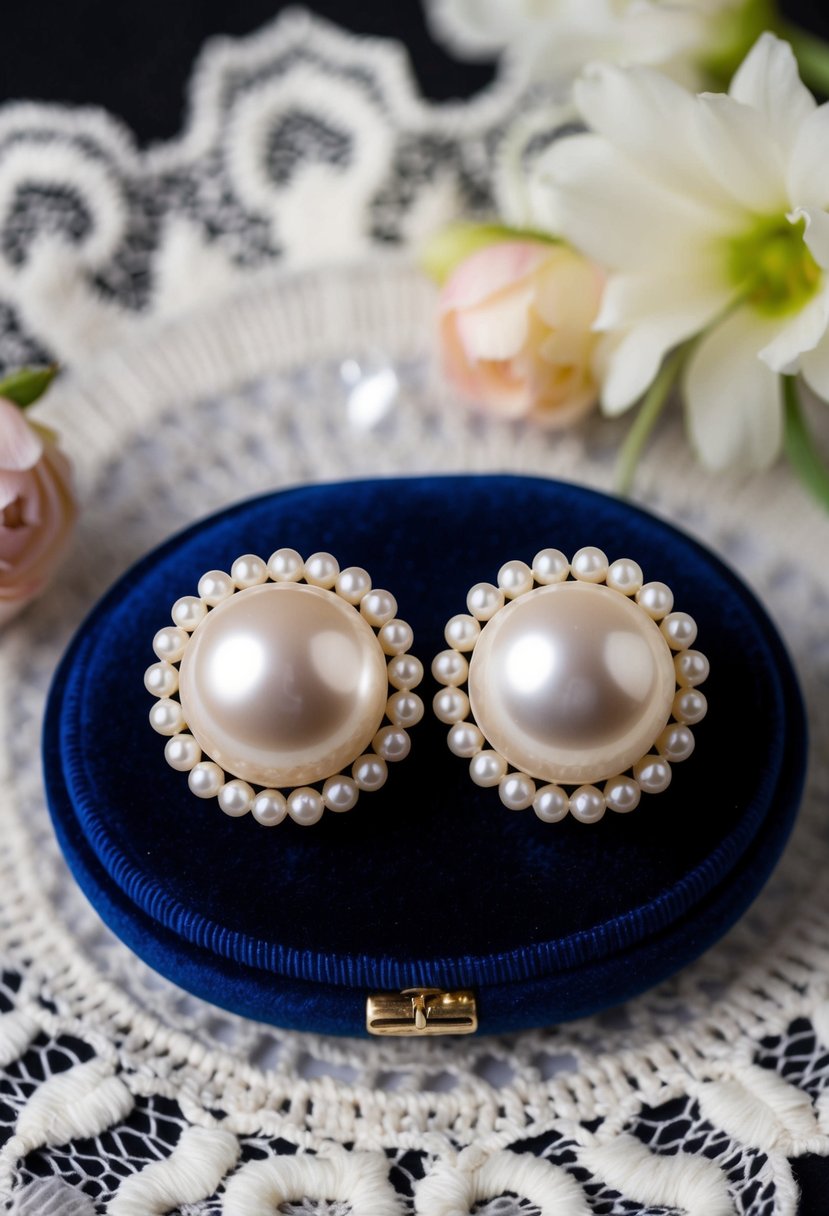 A pair of classic pearl stud clip-on earrings displayed on a velvet cushion, surrounded by delicate lace and floral decorations