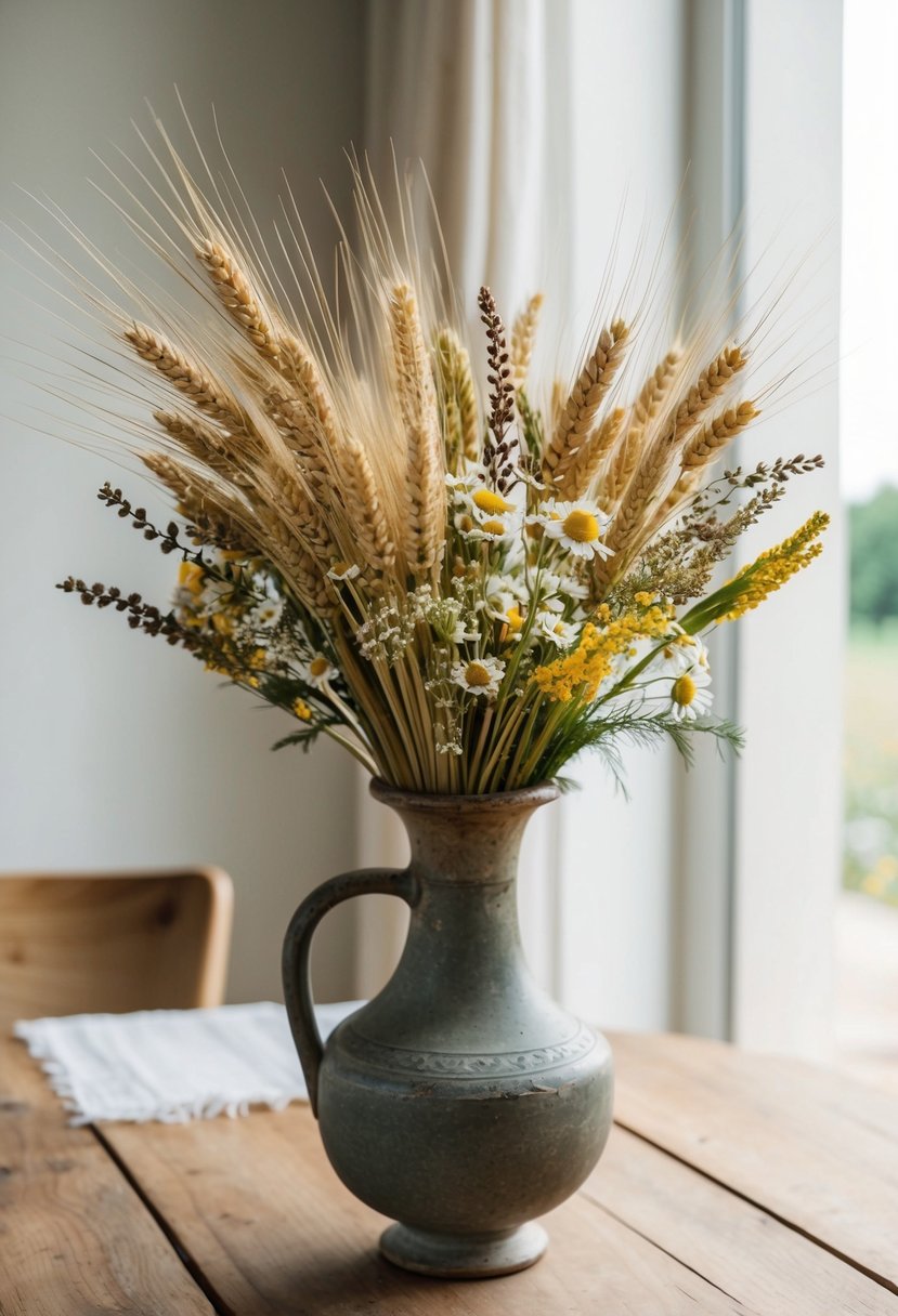 A rustic wheat and wildflower bouquet arranged in a vintage vase on a wooden table with soft natural lighting