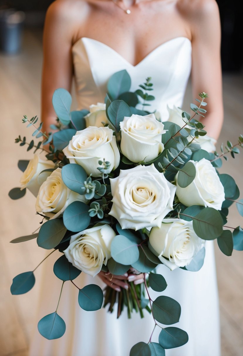 A bouquet of white roses and eucalyptus leaves arranged in a delicate and elegant wedding bouquet